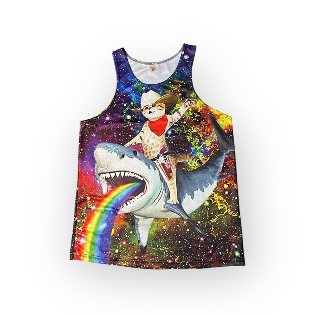 Trippy Cat Riding Shark Rainbow Tank Top | Graphic Festival Tee | Size M